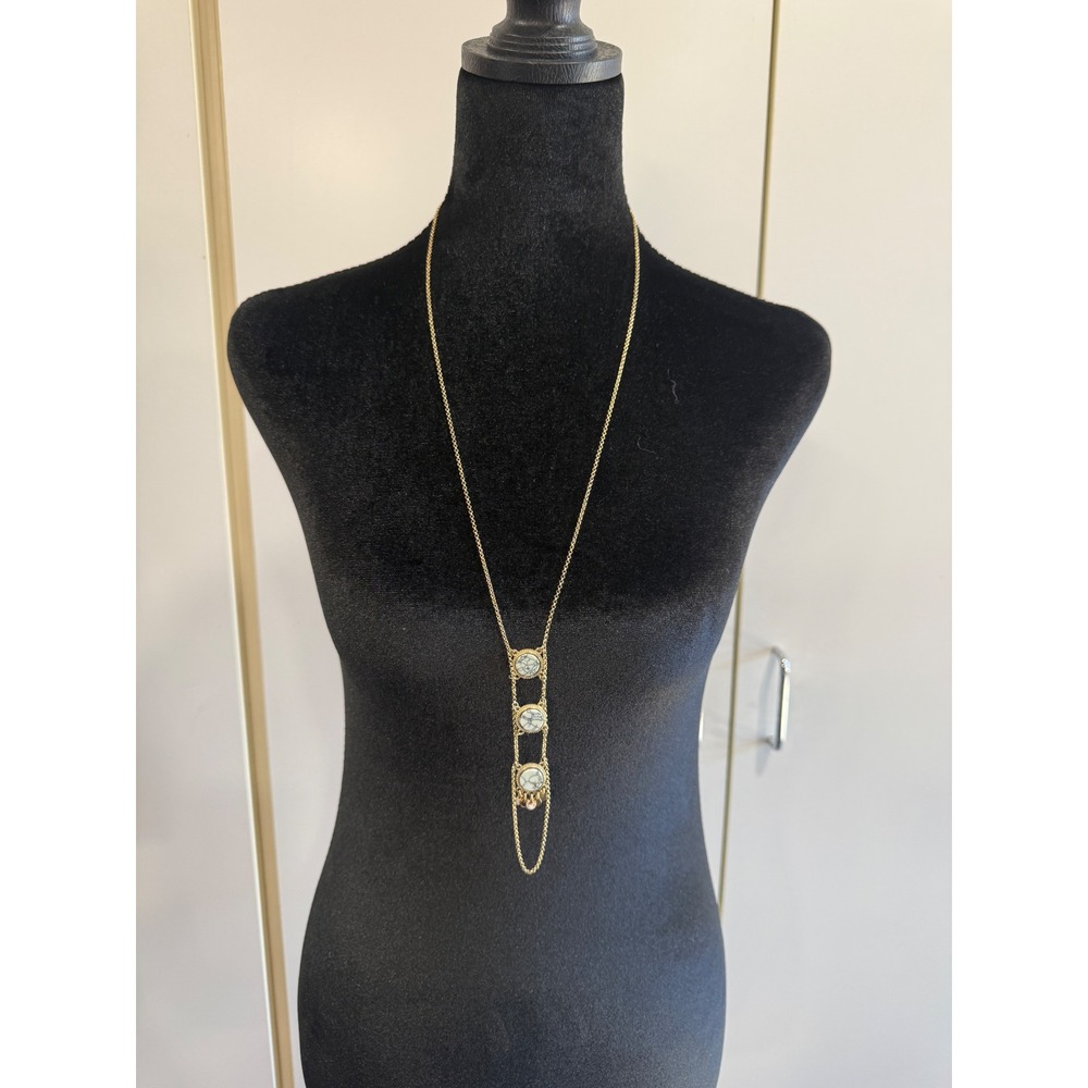 Gold Tone Long Chain Necklace Faux Marble Tiered Coin Charm Pendant Boho